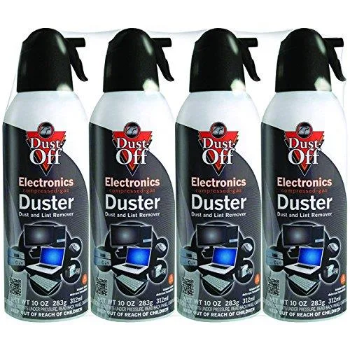 Four 10oz silver aerosol cans with red Dust-Off labels and plastic triggers
