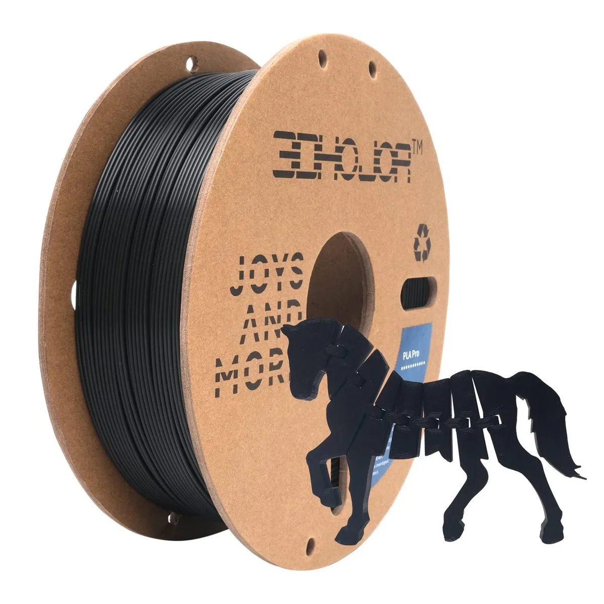 Black PLA Pro filament on a cardboard spool, vacuum-sealed with desiccant