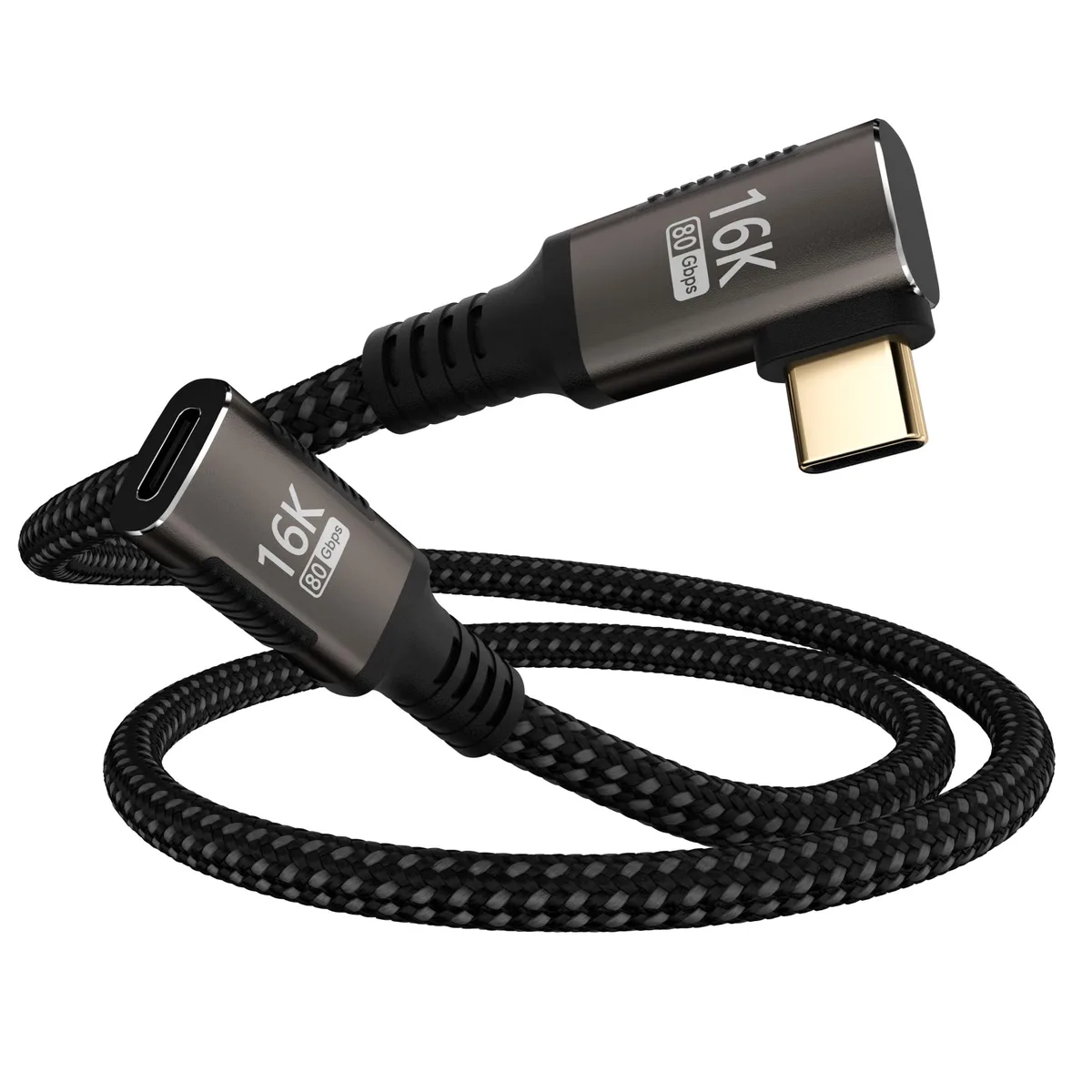 Right-angle USB-C male-to-female extension cable with braided nylon finish, 3.3FT length