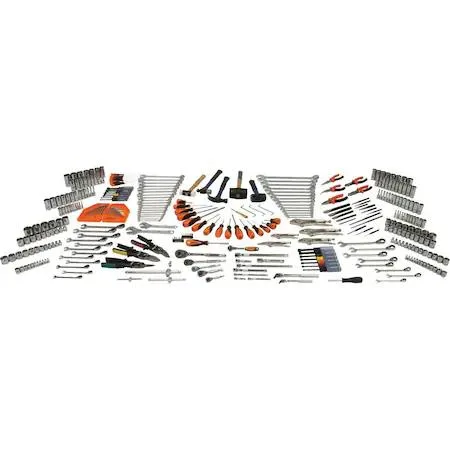 Red metal tool chest packed with 367-piece socket, wrench, hammer and plier assortment