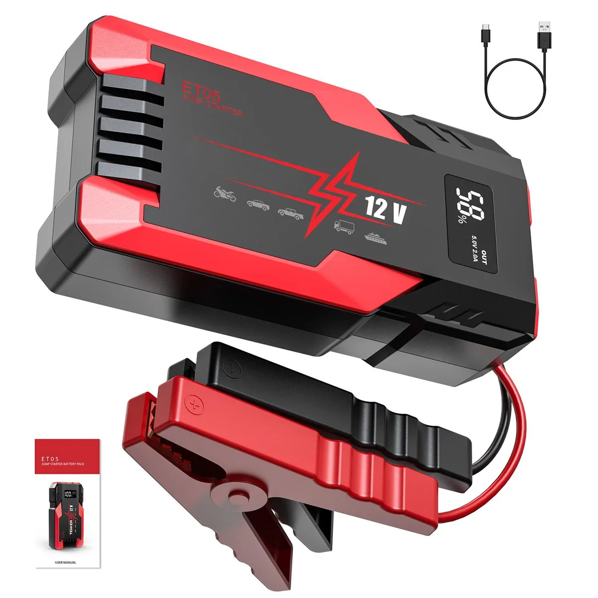 Red rectangular portable jump starter with heavy-duty clamps and LCD display