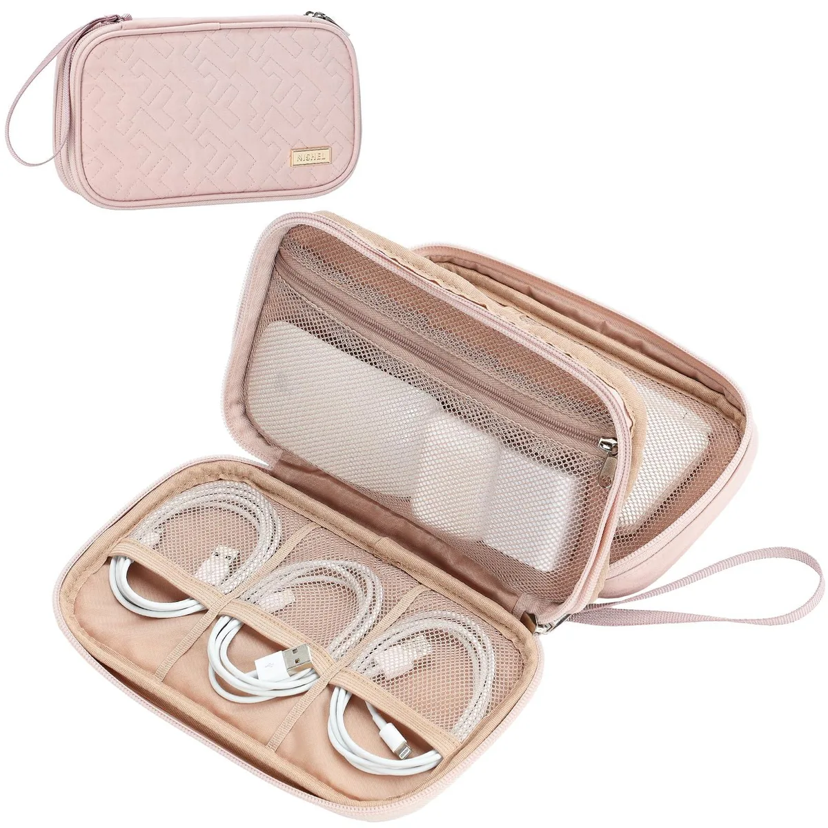 Small grey double-layer cord organiser case with handle and zipper