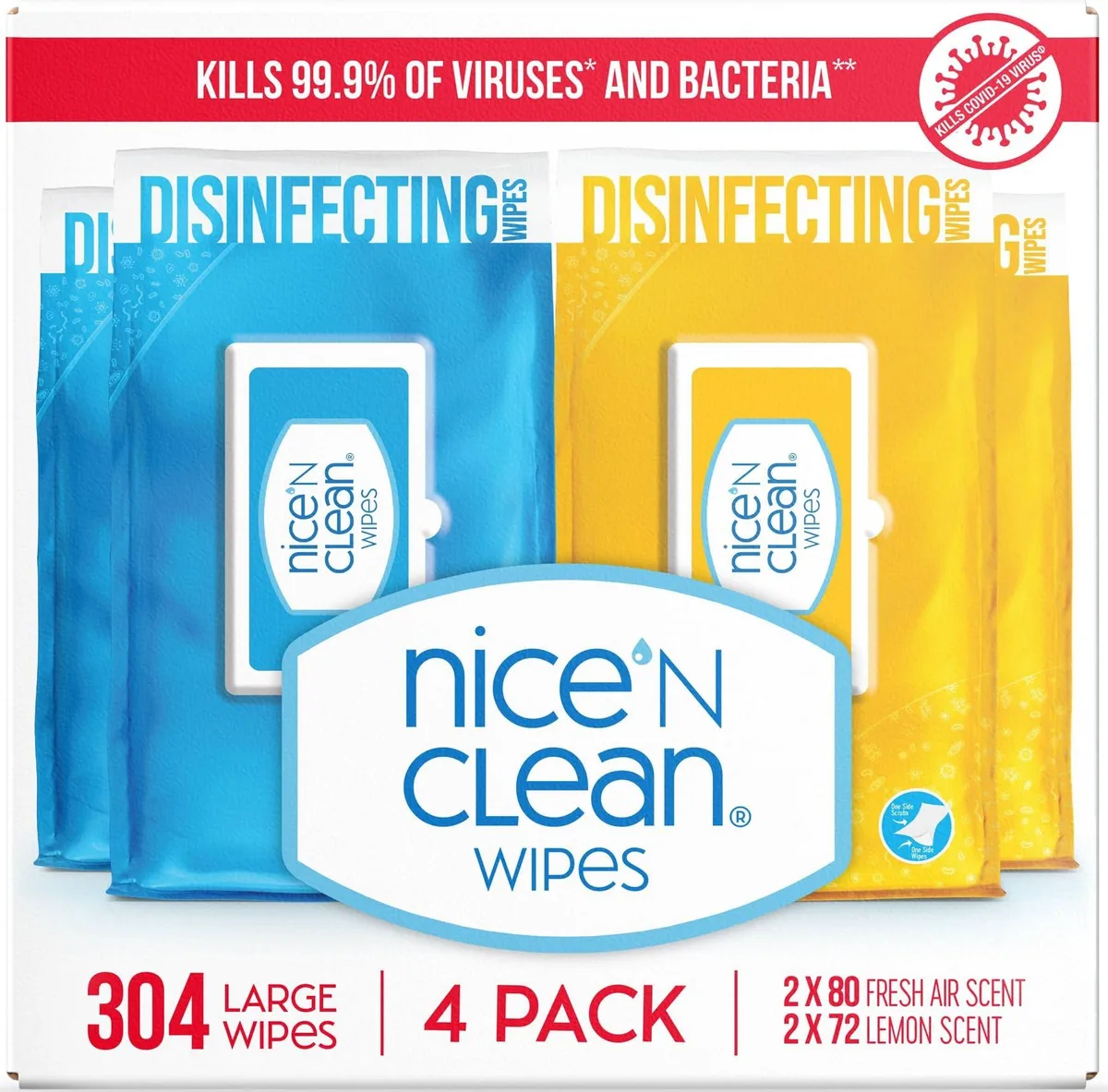 White soft-pack bag of 304 disinfecting wipes, Fresh & Lemon Scent