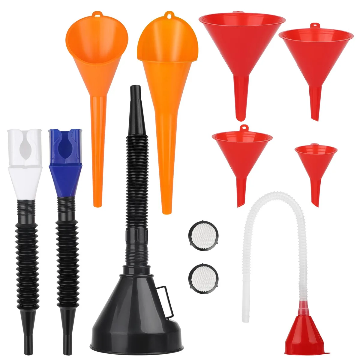 Set of ten plastic automotive funnels in various shapes and sizes