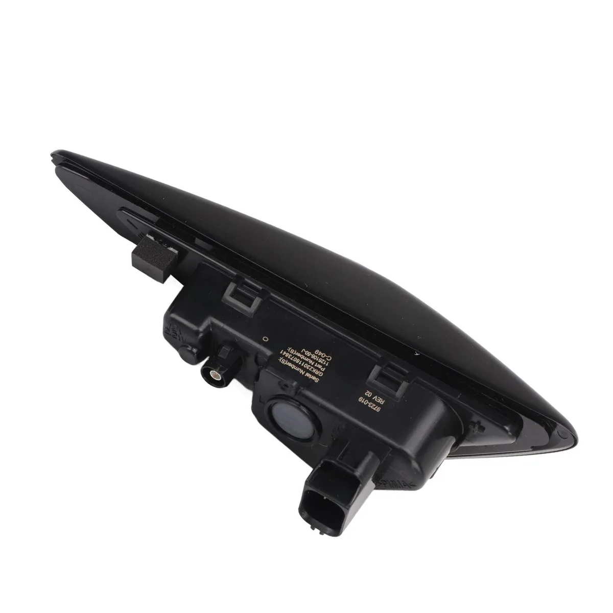 Small black plastic camera module with lens and mounting tabs