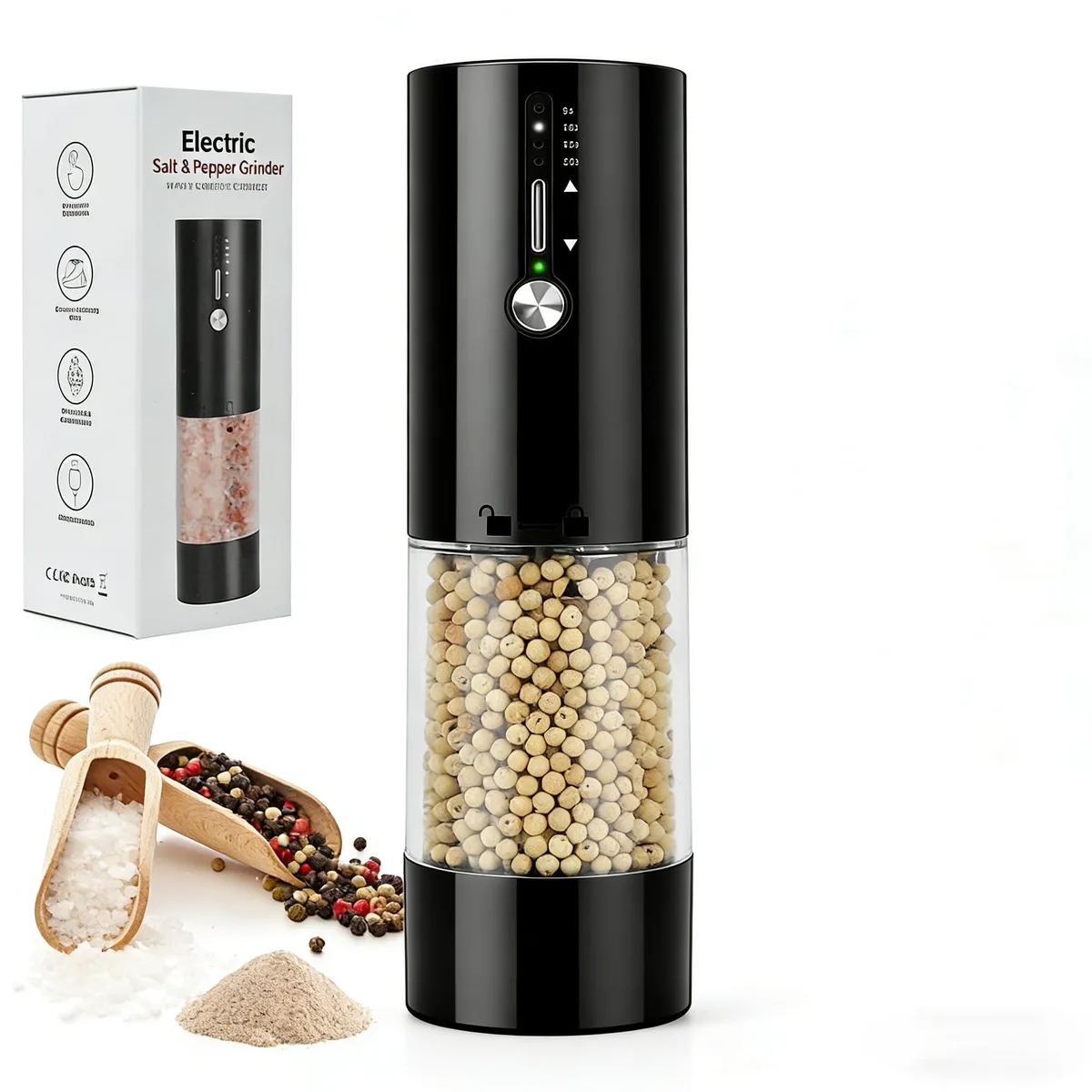 OXO electric food mill, brown glass body, 118ml chamber, USB-C charging, LED base light