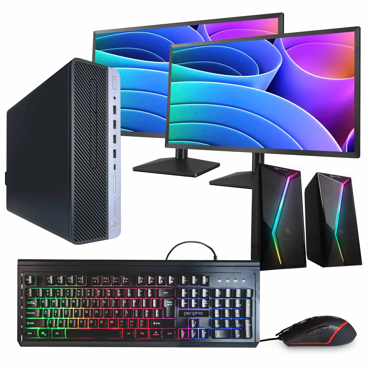 HP HP ProDesk 600G4 i7-8700 32GB 1.5TB NVMe/SSD W11P 2×24" P620 RGB AX200 — product photo