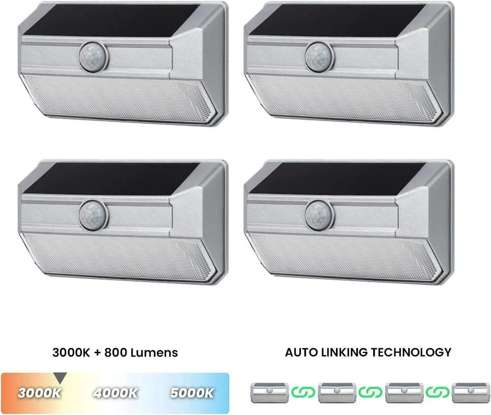 Home Zone Security Home Zone Security ES00947G 4-Pack Solar Wall Sconce 800LM 120°x26ft 3000K Silver — product photo