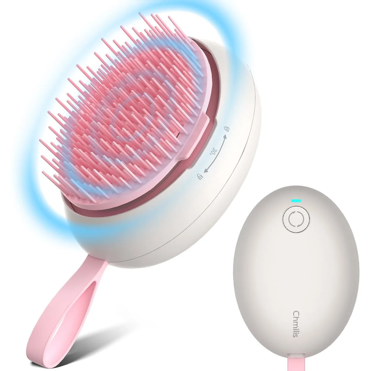 Pink handheld electric scalp massager with soft bristles, lightweight and rechargeable