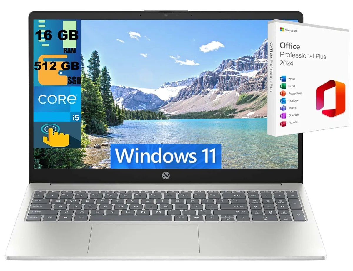 HP HP 15 laptop i5-1334U 16GB 512GB 15.6" FHD touchscreen Intel Iris Xe Graphics Wi-Fi 6 Silver — product photo