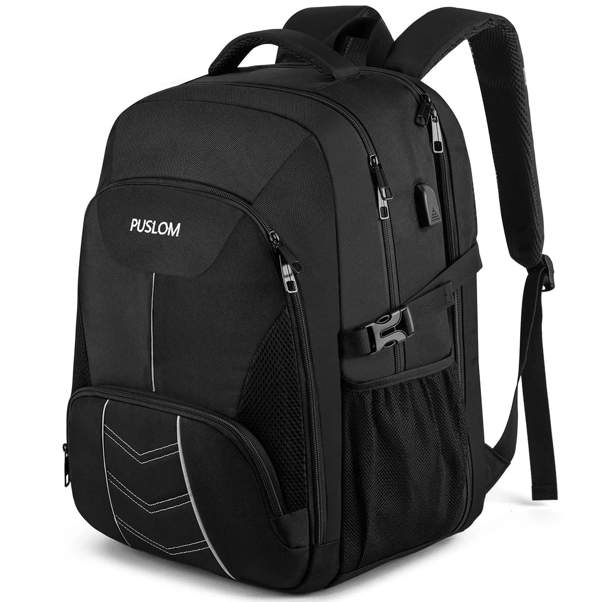 Black 55L laptop backpack with padded 18.4 inch compartment and USB port