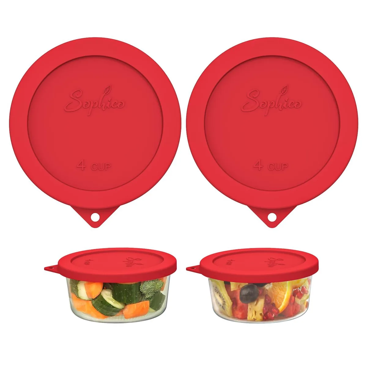 Two red round silicone lids with hanging holes, shown side by side