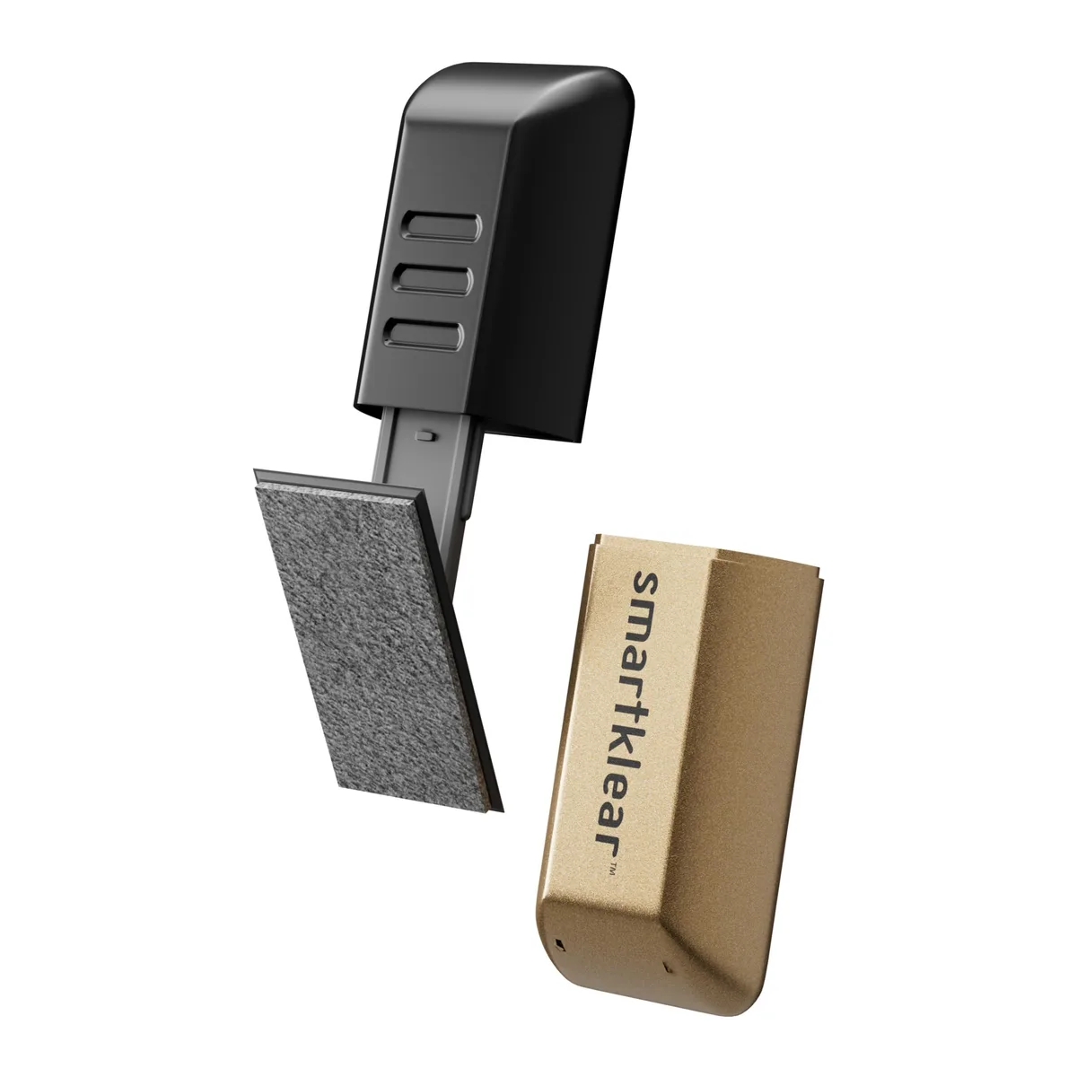 Compact black rubber and electroplated gold carbon microfiber phone screen cleaner