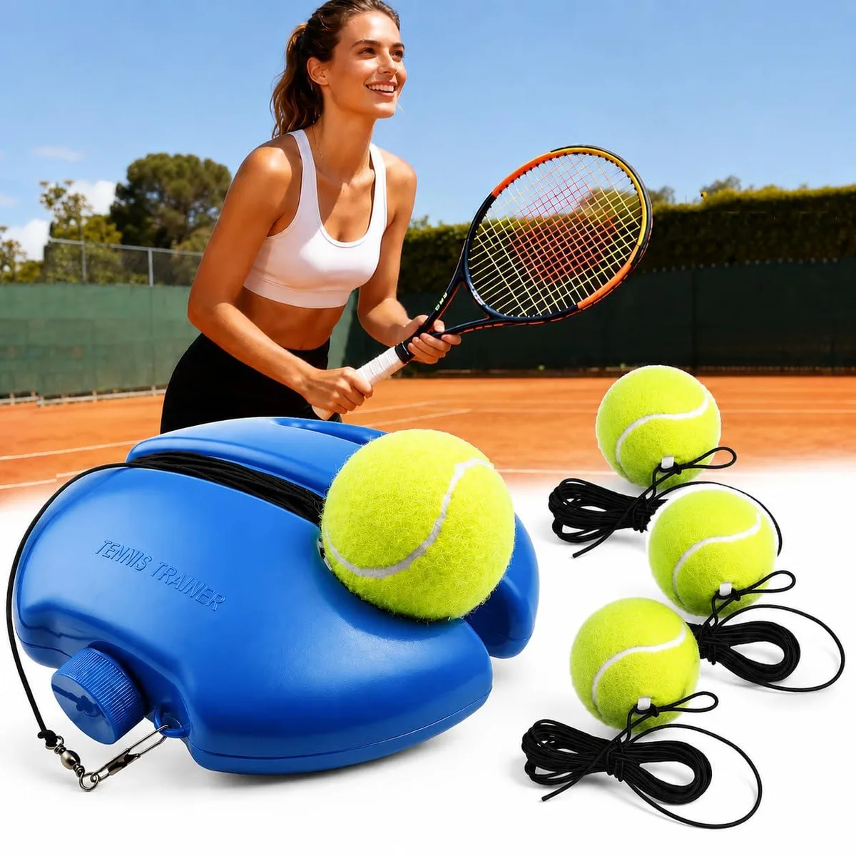 Blue weighted base with three yellow tennis balls on elastic cords