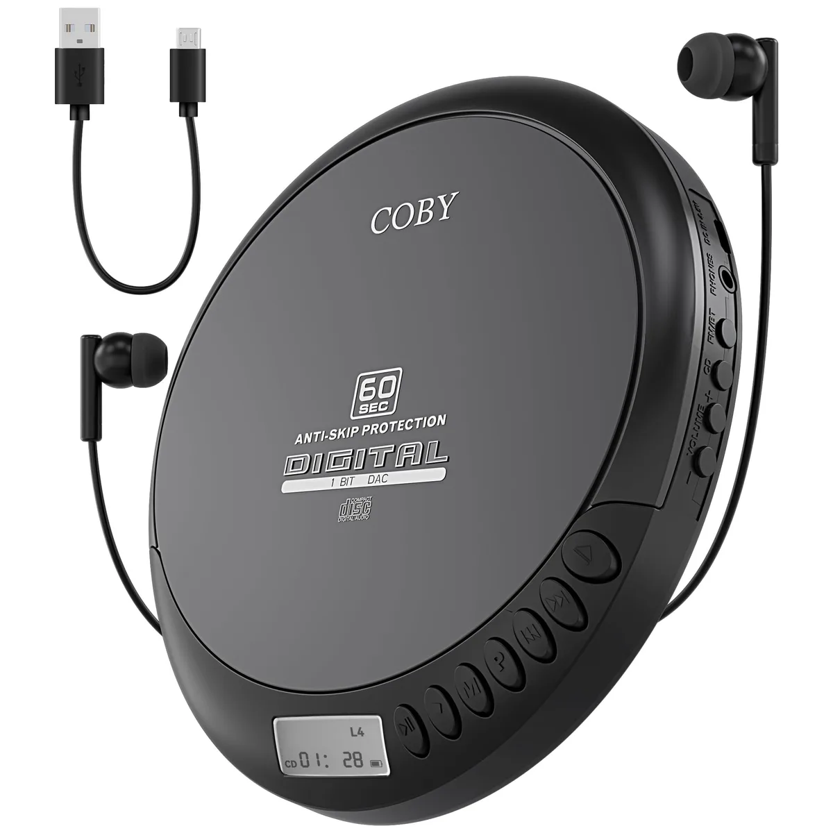 Compact black portable CD player with LCD display and 3.5mm headphone jack
