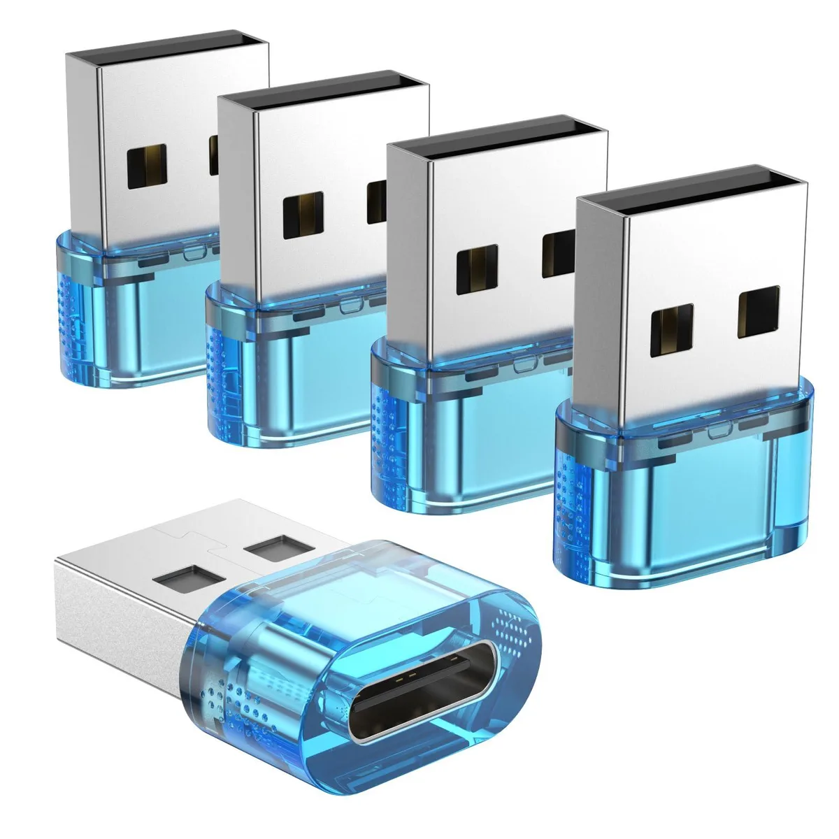 Five small blue USB-A male to USB-C female adapters