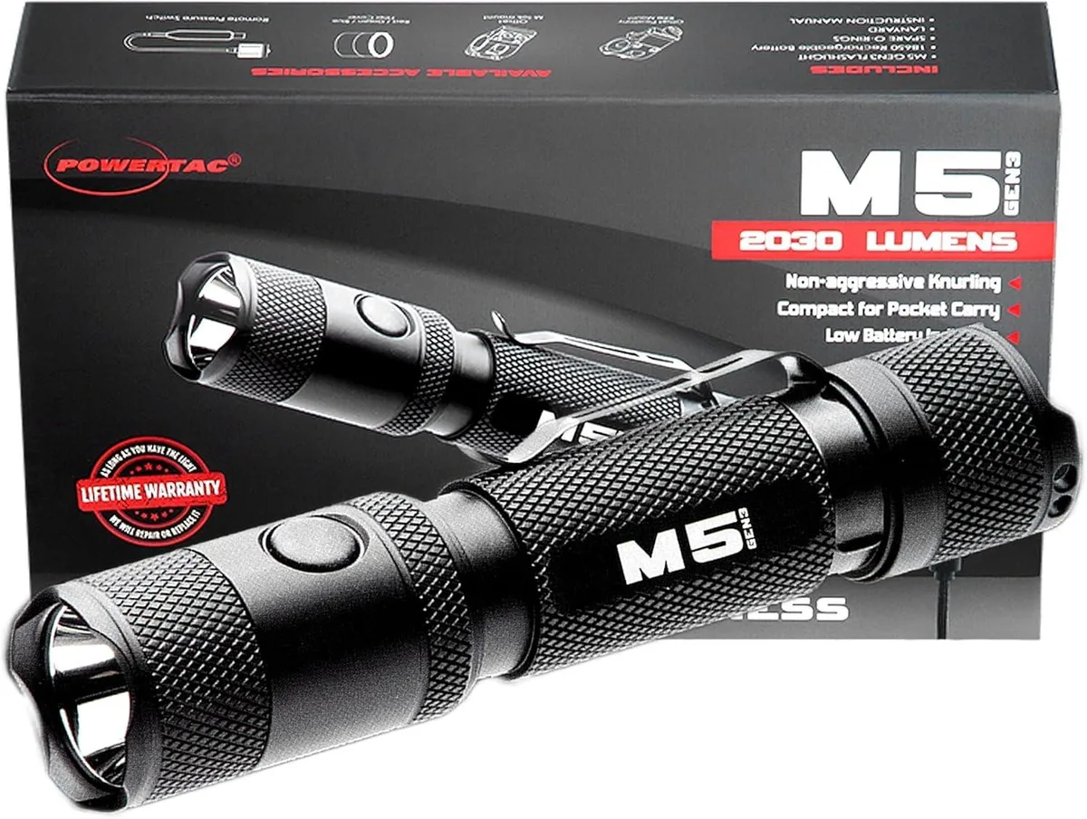 Cylindrical aluminium tactical flashlight with magnetic charging port and dual switches