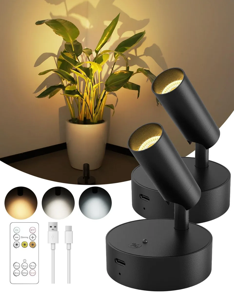 Two white acrylic spotlights with clear prismatic lenses, magnetic wall-mount bases, USB-C charging, remote control included