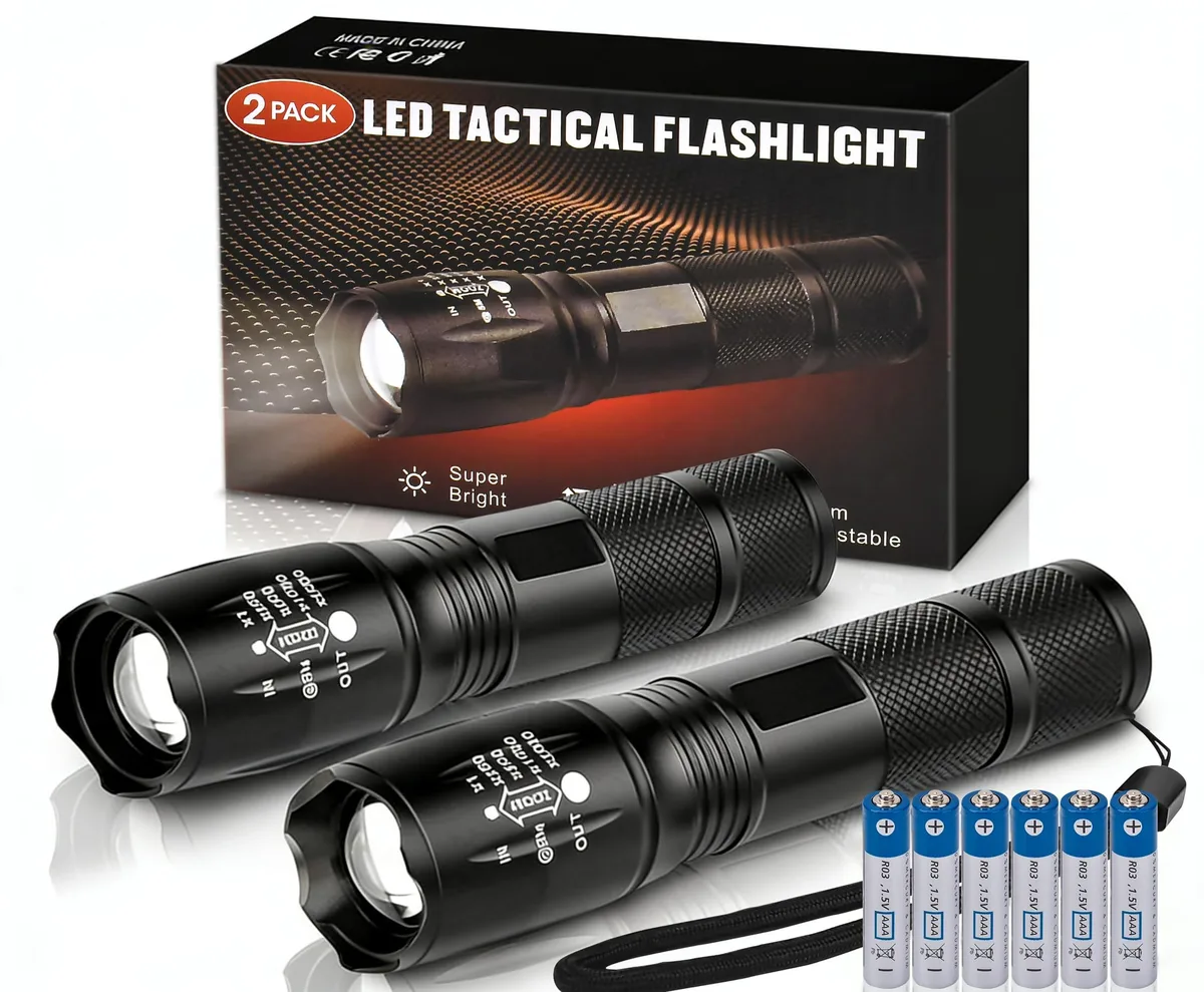 Two cylindrical aluminium tactical flashlights with zoomable heads and lanyards