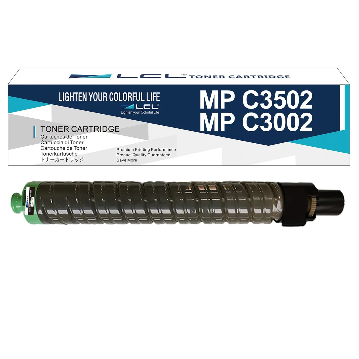 Black rectangular toner cartridge in sealed box