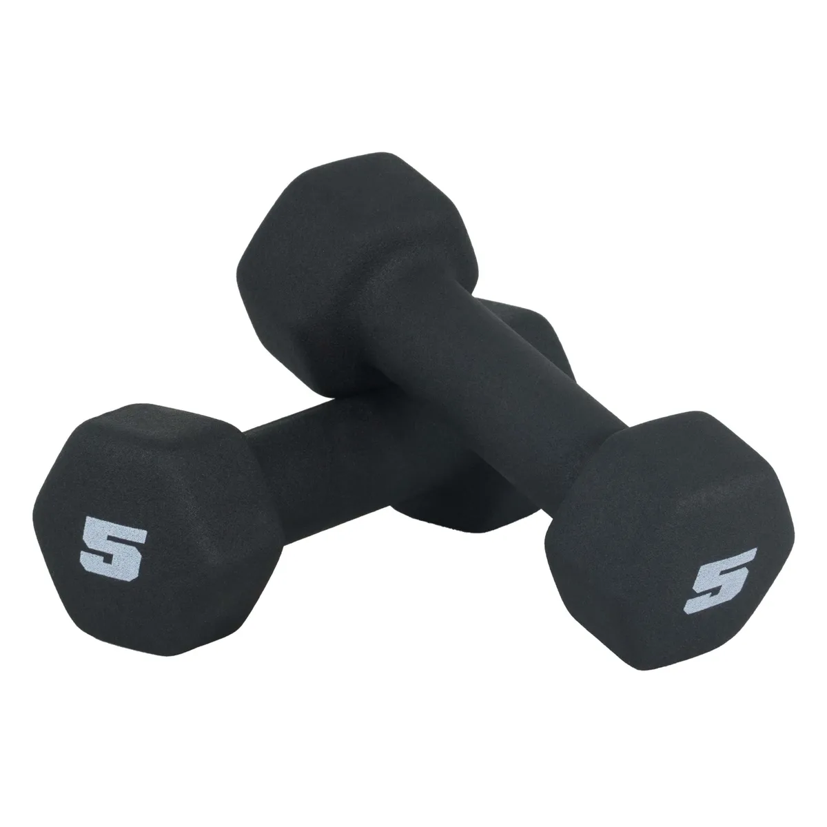 A pair of black neoprene dumbbells with hexagonal heads and medium-grip handles
