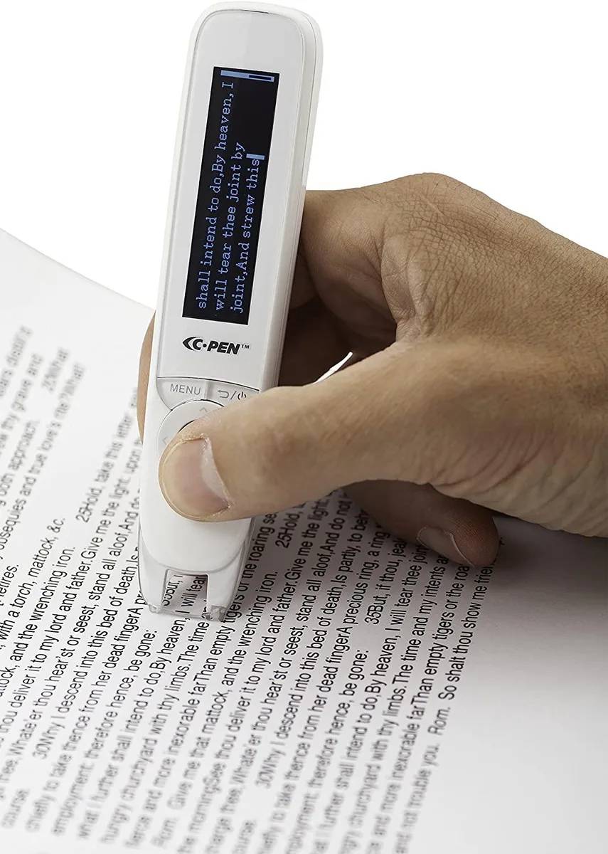White pen-shaped scanner with control buttons and earphones in a carry case