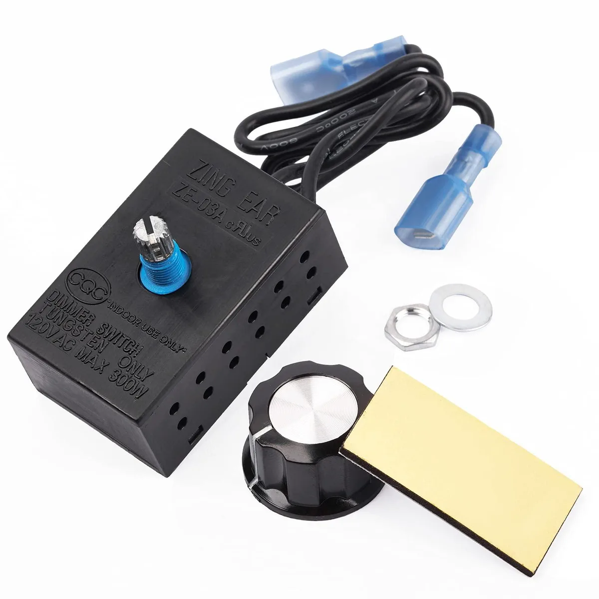 Rectangular beige control box with black rotary knob and two male connectors visible