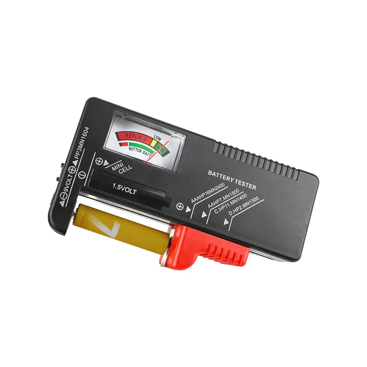 Compact ZUFECY BT-168 battery tester with analog needle display and multiple contact slots
