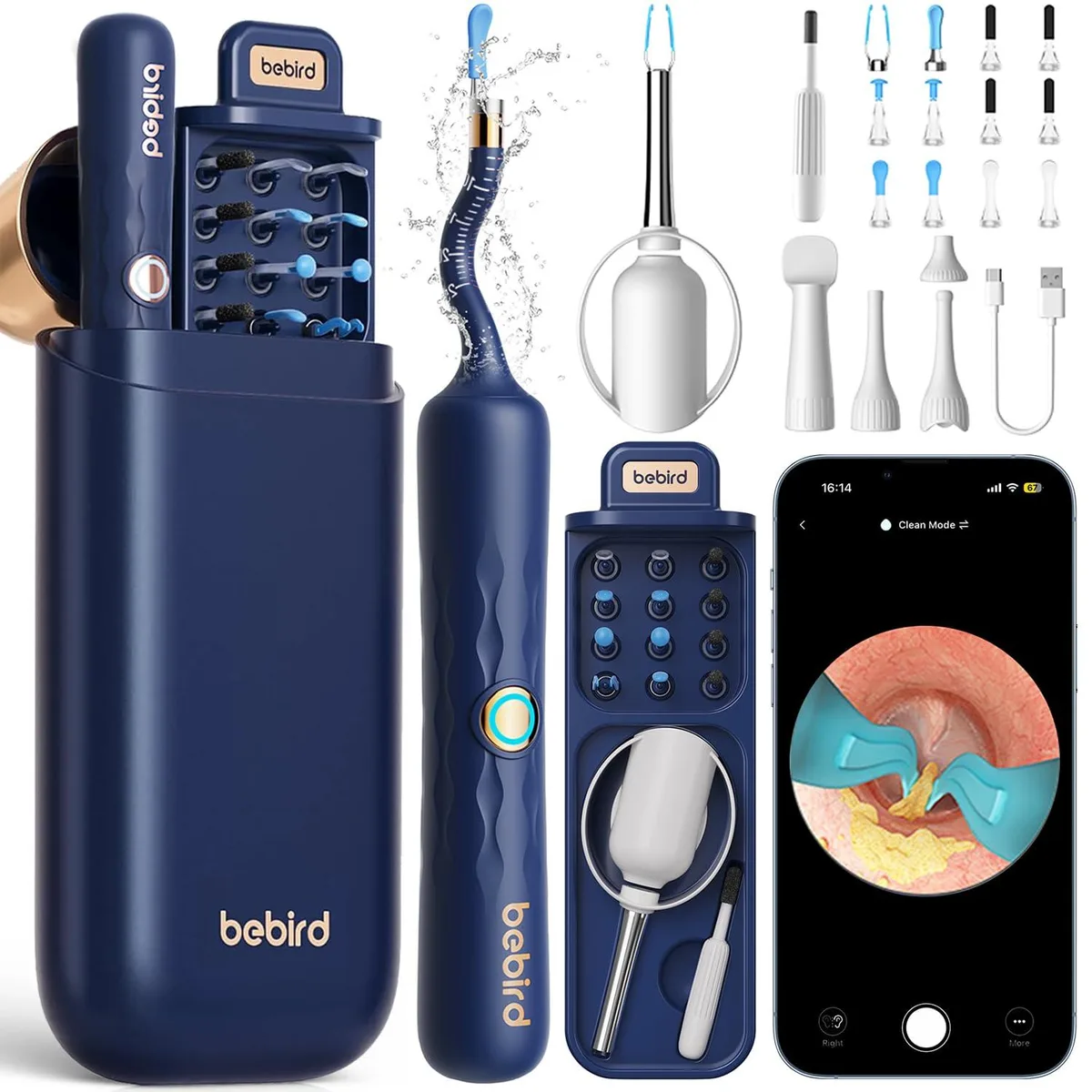 Blue flexible ear camera with slim lens and silicone tube, 14.5 x 6.5 x 2.5 inches