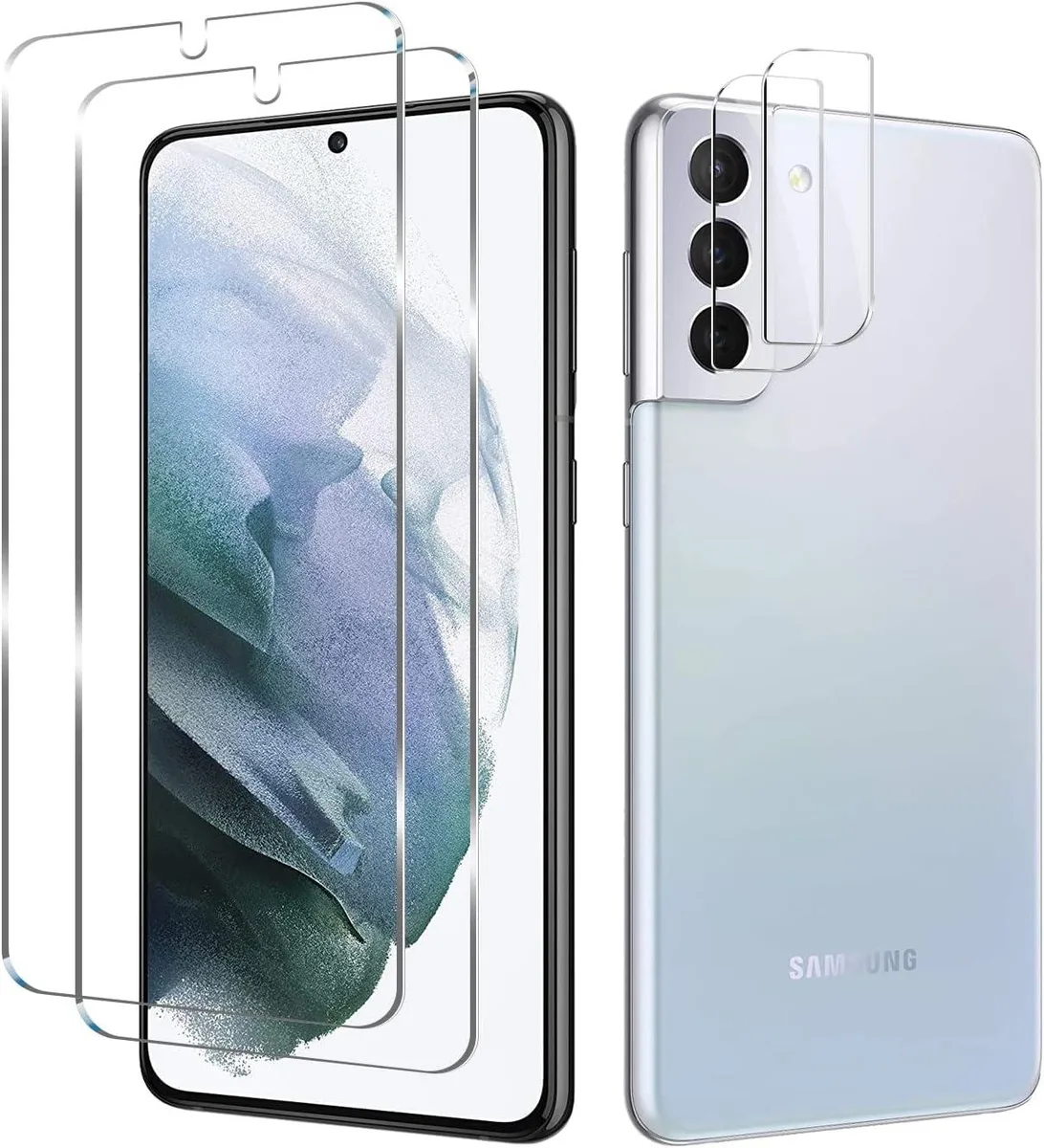 Clear tempered glass screen and camera lens protectors for Galaxy S21 in 2+2 pack