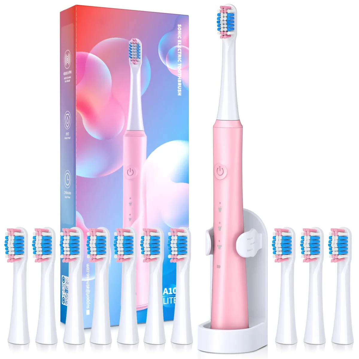White electric toothbrush with holder and ten brush heads