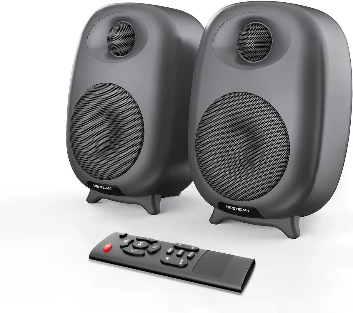 Pair of black bookshelf speakers, compact rectangular cabinets, front-facing drivers visible