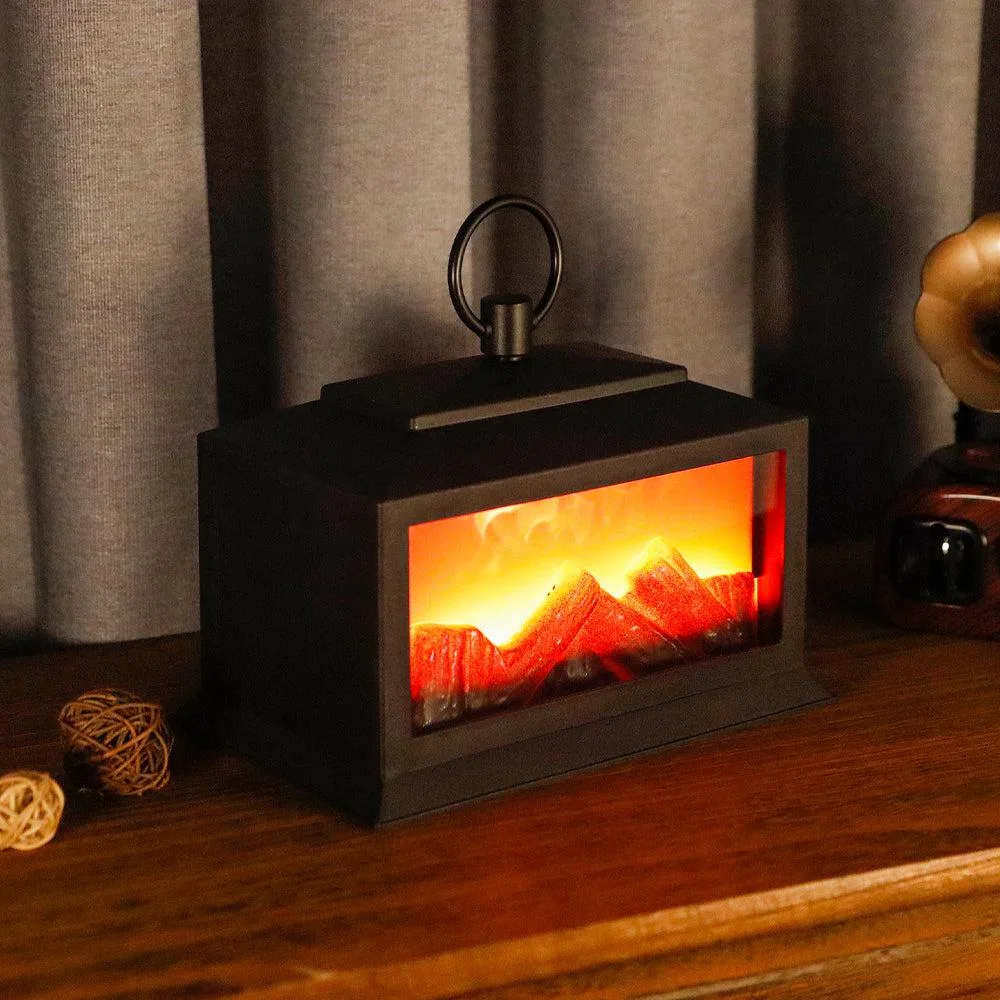 Black metal lantern with glass panel and realistic LED flame effect