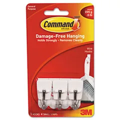 Three white plastic utility hooks with adhesive backing strips