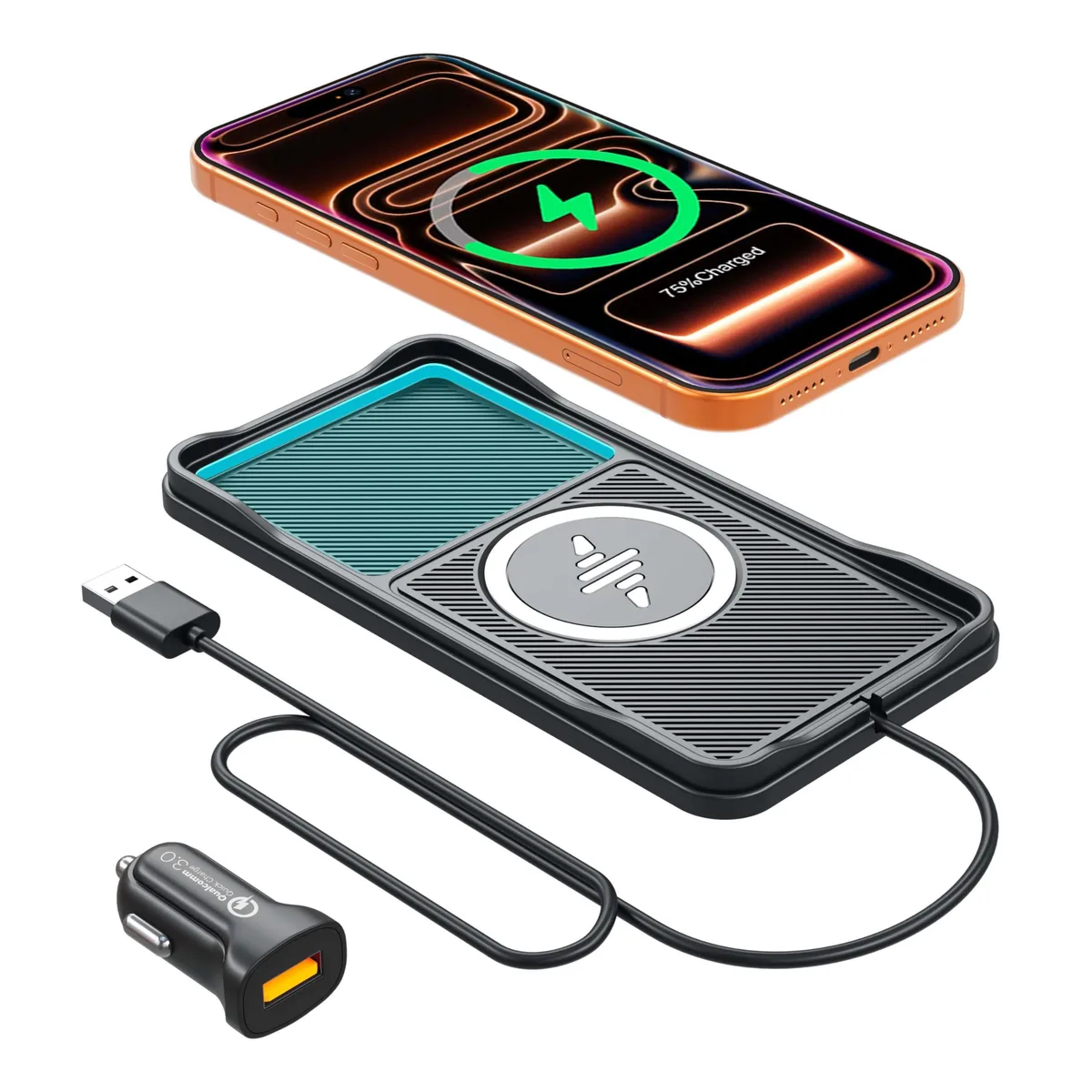 Flat wireless car charger pad with 30cm cable