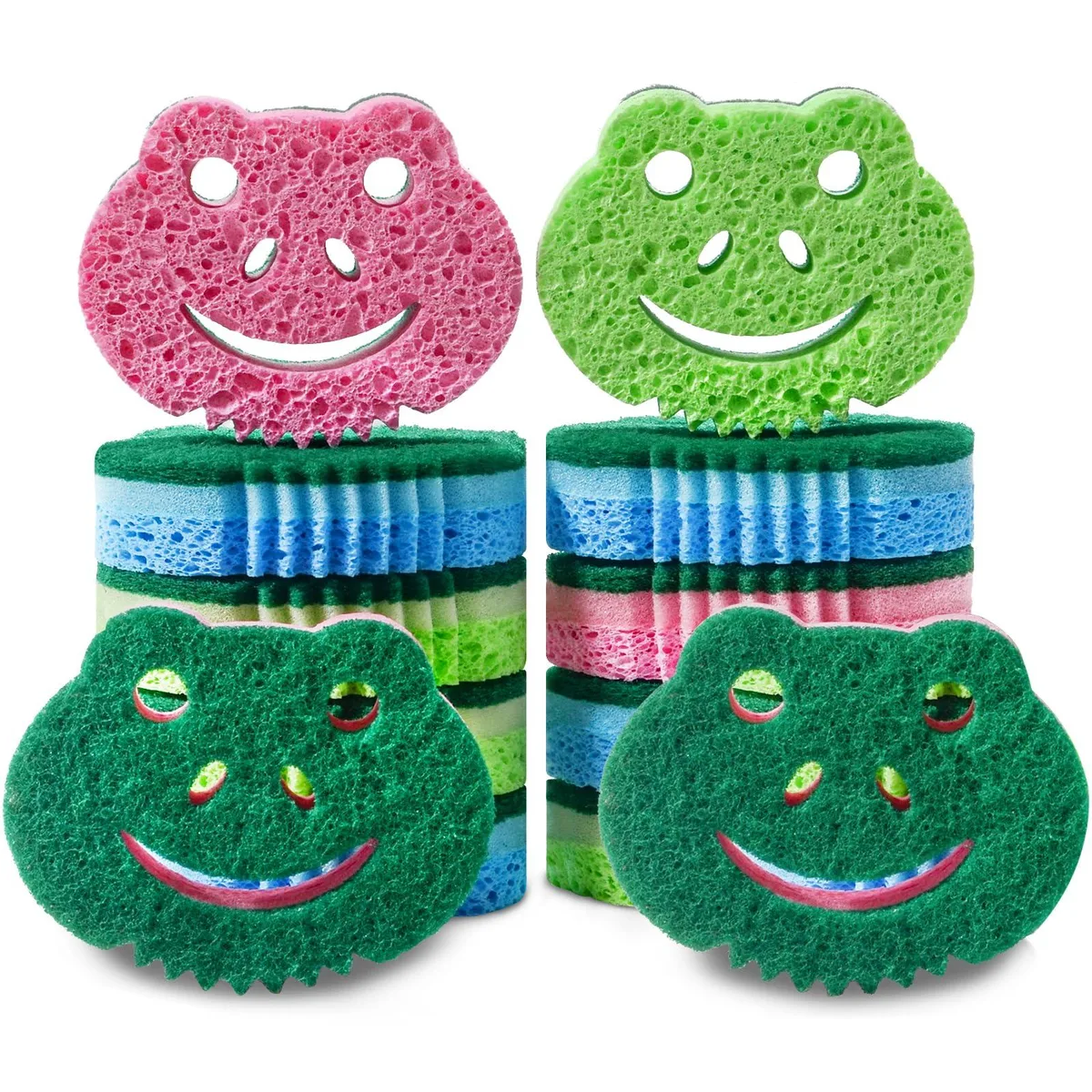 Twelve frog-shaped dual-sided cleaning sponges in assorted colours