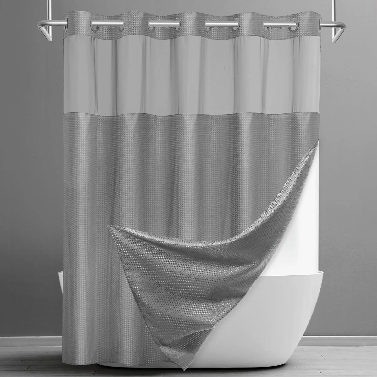 Grey waffle-textured shower curtain with mesh top window and snap-in liner, 71 by 74 inches