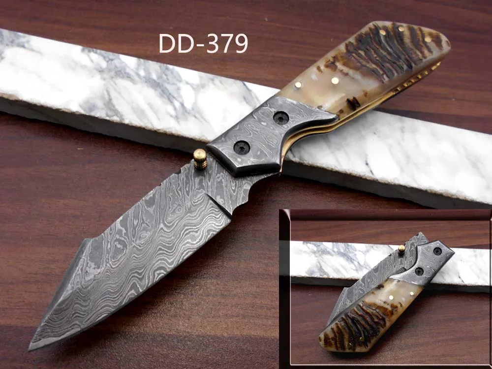 Damascus Depot Damascus Depot Folding Knife 7.5" Ram Horn Damascus Bolster — product photo