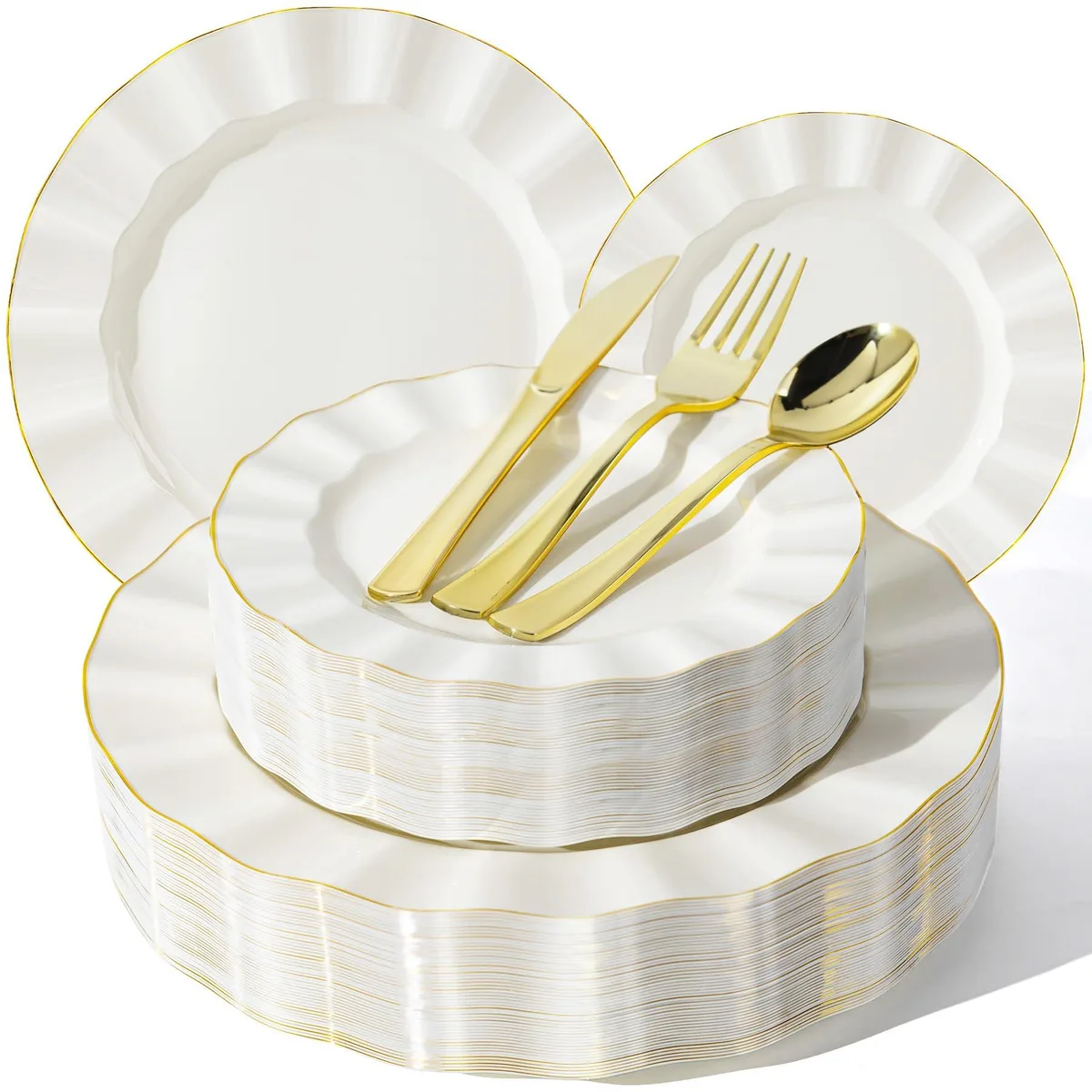 Ivory square ceramic plates with gold rim and clear silverware pieces arranged together