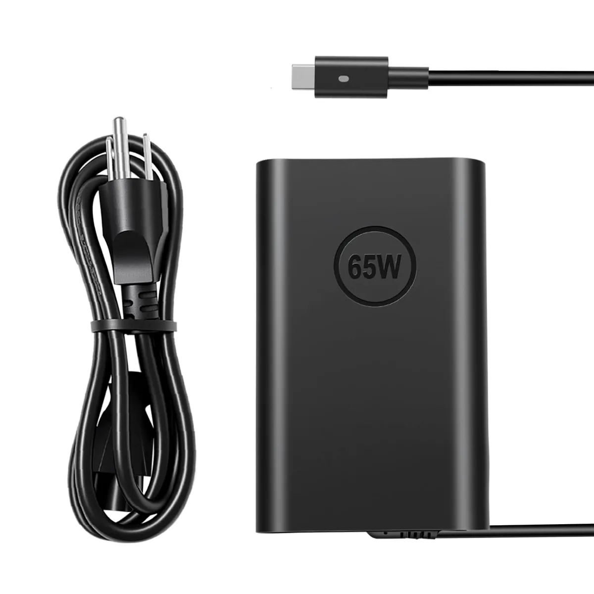 Compact black USB-C laptop charger with detachable power cord