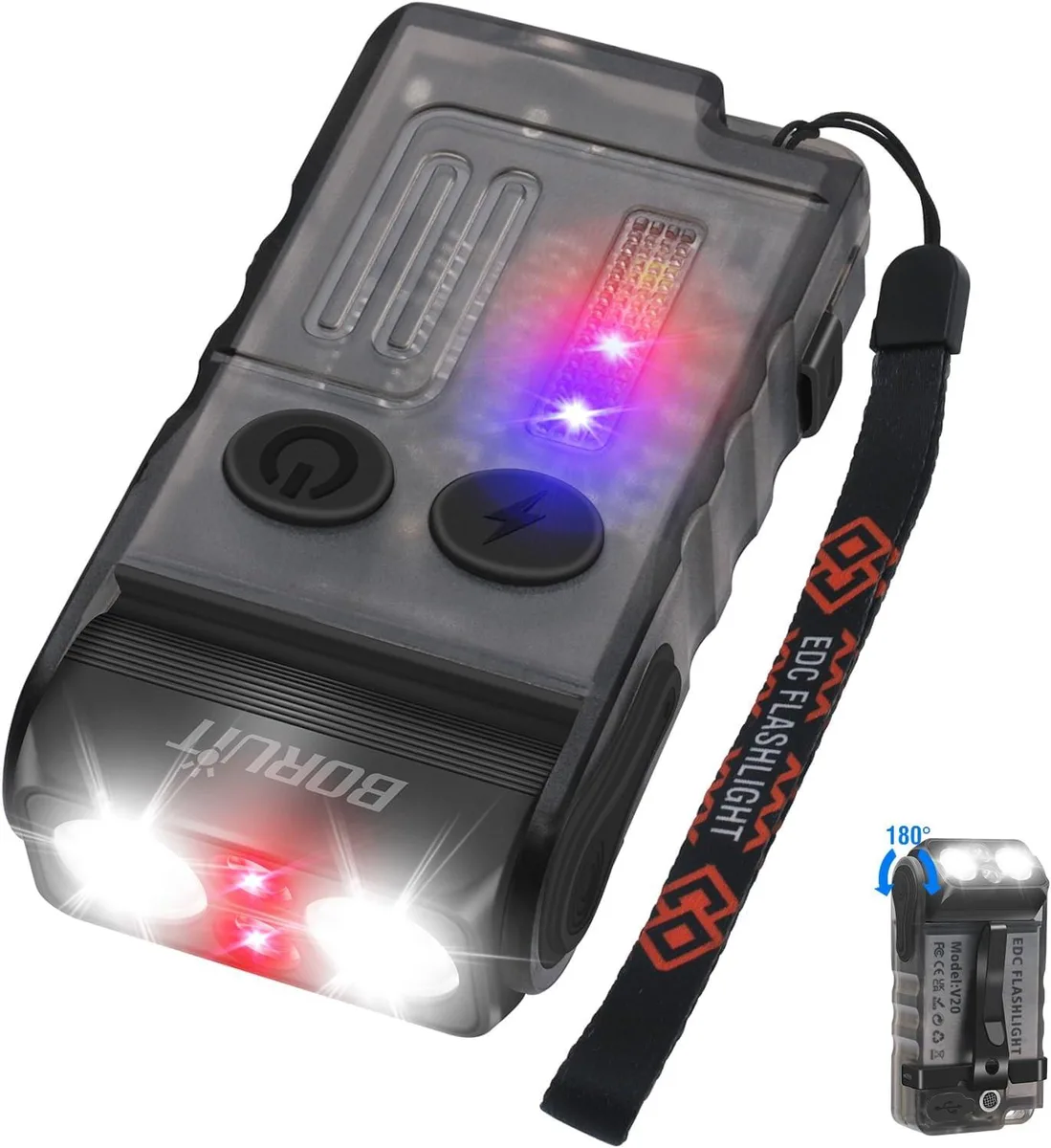 Small black rectangular flashlight with swivel head, clip, magnetic tail, USB-C port, red COB side lights
