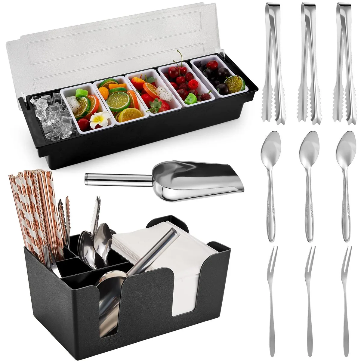 DNBeffulgent DNBeffulgent 12-piece bar tool set with ice-cooled condiment tray, black — product photo