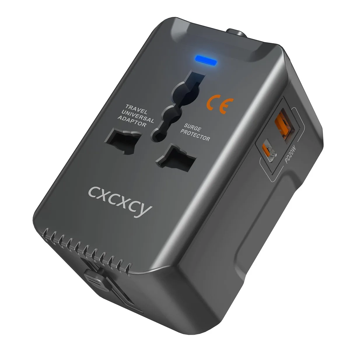 White travel adapter with EU plug, USB-C and USB-A ports, 6 ft cable