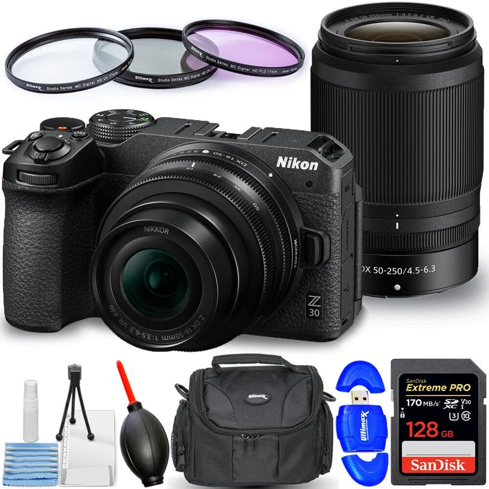 Nikon Global Nikon Z30 Compact Mirrorless Camera with 16-50mm and 50-250mm Lenses, 128GB Card, 8PC Kit — product photo
