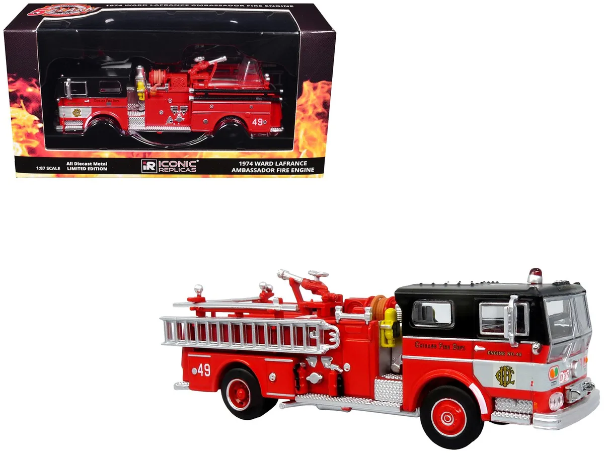 Iconic Replicas Iconic Replicas 1974 Ward LaFrance Fire Engine Chicago Engine 49 Red Black 1/87 Diecast Hobby Collectible — product photo