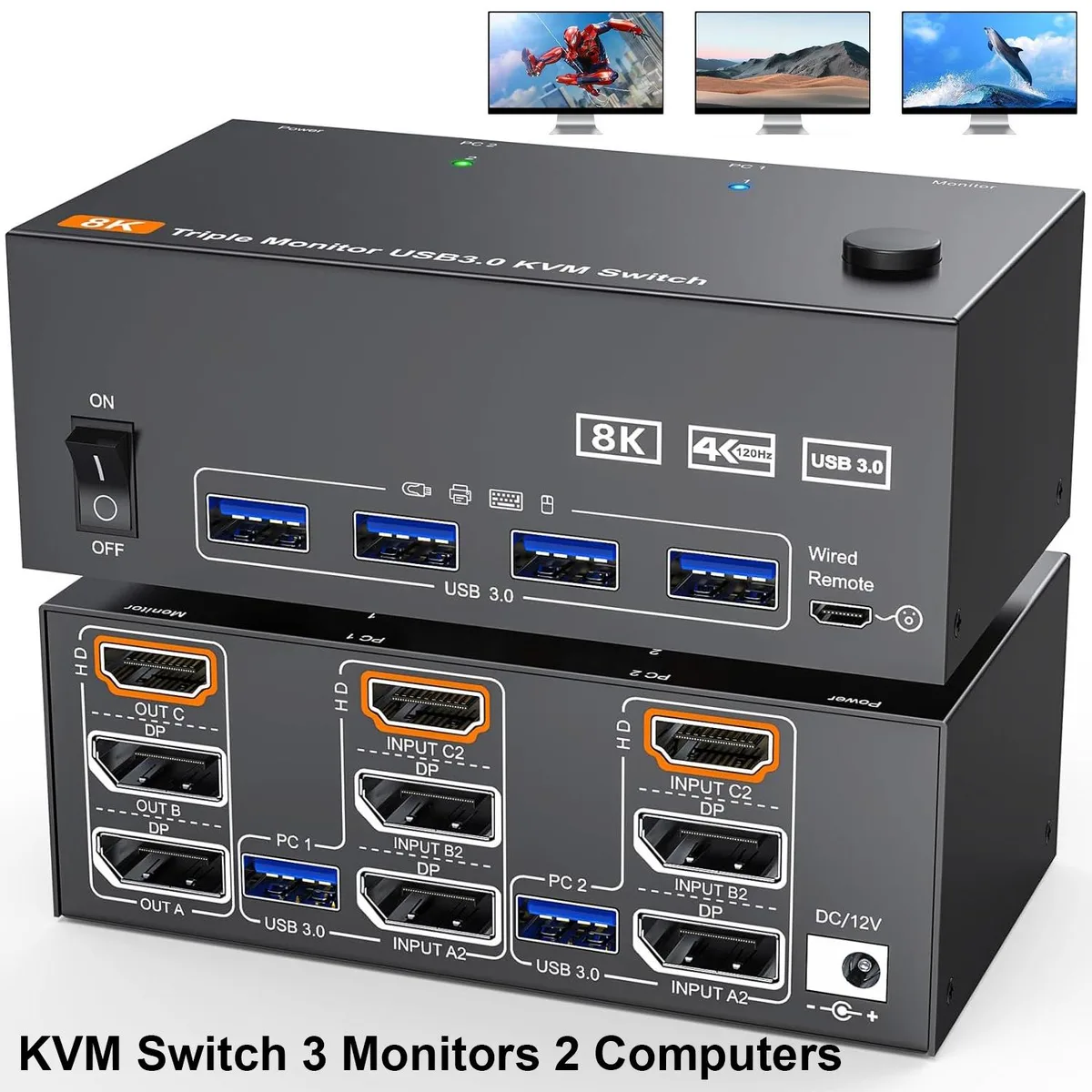 IHDAPP IHDAPP 8K@60Hz 4K@144Hz HDMI 2.1 + 2 DisplayPort 1.4 KVM Switch 3 Monitors 2 Computers — product photo