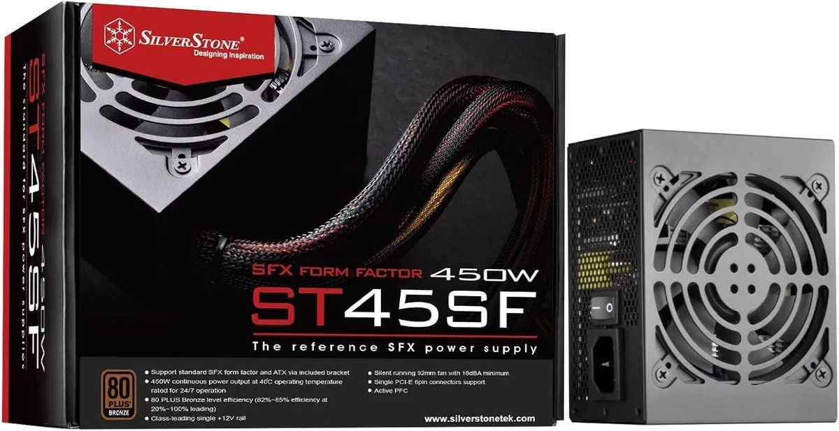 Silverstone SFX power supply, black rectangular unit with 92mm fan and fixed cables