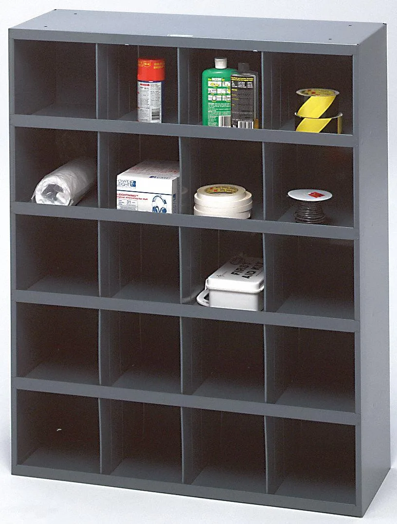 Blue steel pigeonhole bin unit, 20 compartments, 33.75 in wide