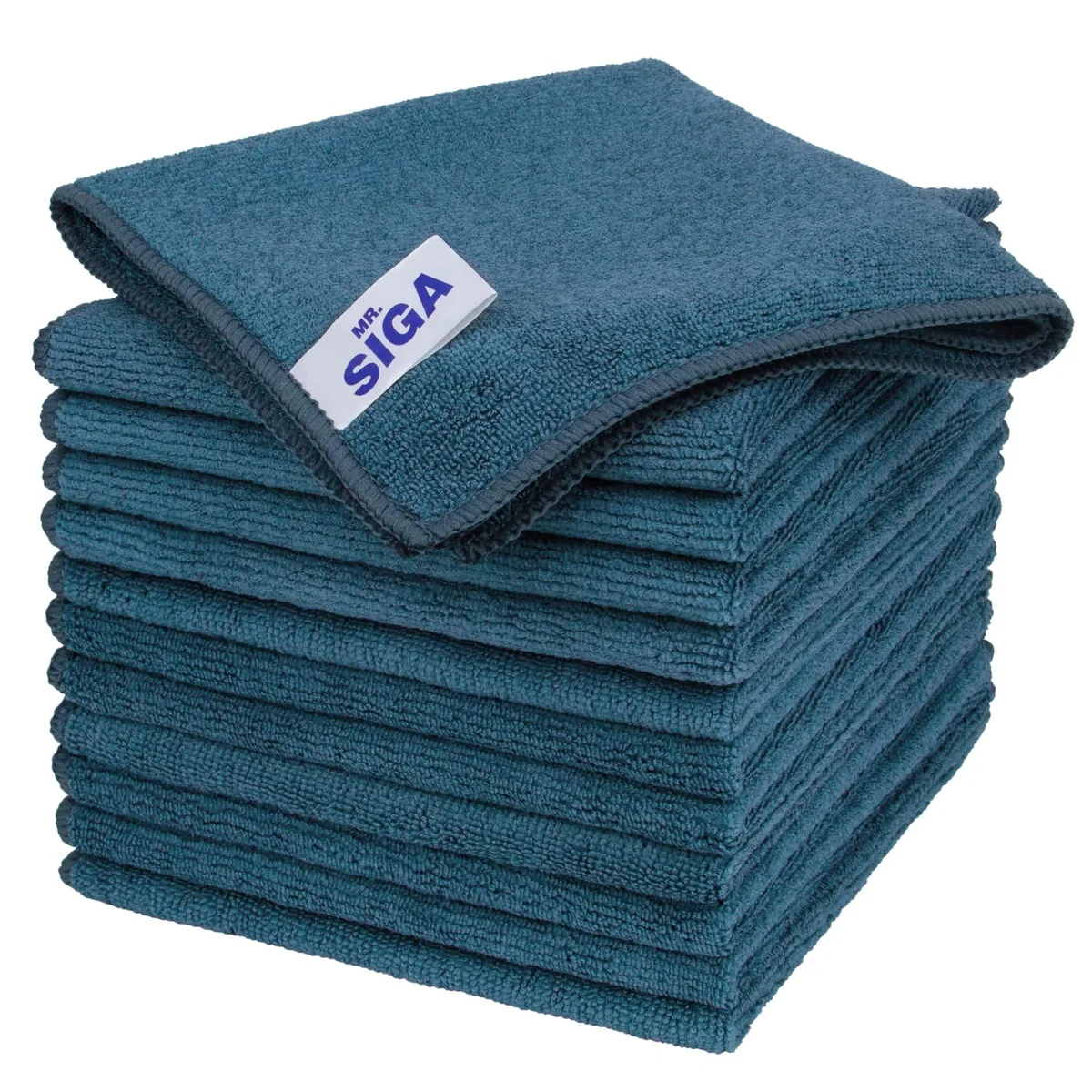 Twelve teal microfiber cloths, square, 32 cm, folded stack
