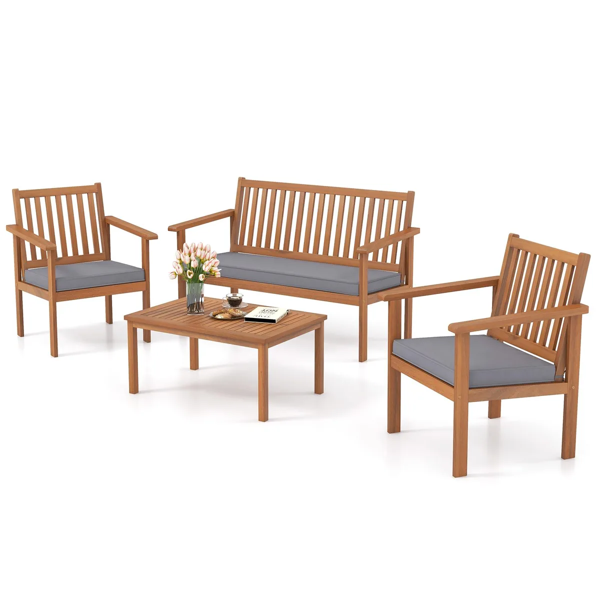 SlickBlue SlickBlue 4-Piece Acacia Patio Furniture Set Grey Cushions — product photo